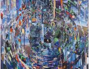 Sarah Sze abstract collaged painting in swirling blues