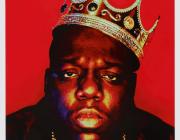 Portrait of Notorious BIG wearing a plastic crown in front of a red background