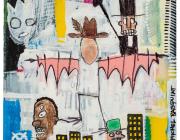 From Thad Mumford’s storage unit, said to be by Basquiat, “Untitled (Self-portrait with his cowboy hat and wearing Leonardo da Vinci’s flying suit),” from 1982 on corrugated cardboard.