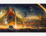 Alexis Rockman, Mt. Vesuvius, Autumn, 79 AD, 2024, Oil and cold wax on wood, 36 x 84 in.