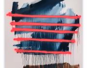 blue and brown dripping paint covered by horizontal, vibrant spraypainted lines 