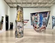 Image caption: Suzanne Jackson, Installation view of Singin’, in Sweetcake’s Storm, 2017; Palimpsest Grit, 2022-23; Red over morning sea, 2021; deepest ocean, what we do not know, we might see?, 2021; and Rag-to-Wobble, 2020.