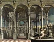 figures in painting sitting in open air courtyard. Bathsheba sits at a fountain and david sits just outside of it, right behind her.