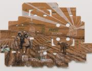 Narsiso Martinez black and white drawing of farm laborers on a used cardboard produce box