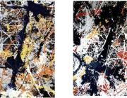 81 x 110 cm sections of the real (left) and replica (right) Jackson Pollock, Blue Poles: Number 11, 1952 (210 x 486.8 cm, National Gallery of Australia).