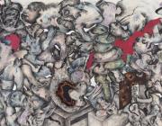 ALSOUDANI, Ahmed, Untitled, 2016. Acrylic, charcoal, and colored pencil on canvas. 76 x 173 in.