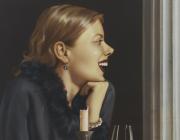 A woman sits at a bar, seemingly alone, laughing with a bandaged hand and a glass of wine