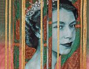 detail view of April Bey, detail view of You Told Harpo to Beat Me, 2022. Woven tapestry with hand-sewn fabric and sequins, Chinese knockoff pearls. 80 x 60 inches. 