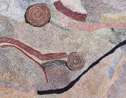 Dots-based abstract landscape from a birds-eye view, painted with desaturated colors.