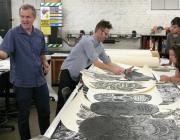 Printmaker Bill Fick with his prints at Maryland Institue College of Art (MICA).