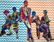 Bisa Butler quilted painting portrait of 5 young black boys depicted in bright colored fabrics