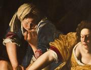 detail of two women, Judith and her maid, pin a man to a bed and are in the process of decapitating him with a sword as he struggles. 