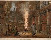 A street during the plague in London with a death cart and mourners. "Bring out your dead." Edmund Evans. London.