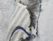 Rosy Keyser, Detail of Window Swap, 2020. Aluminum, enamel, sawdust, horsehair, and paper on canvas.