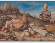 The Old Man of Artimino painting of a man with a picnic with mountains in the background