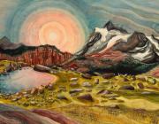 Lindsey Fox painting of a sun over mountains and a green landscape
