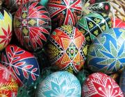 Detail of pysanky eggs in basket