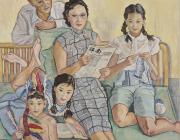 Painting of jovial, relaxed family life arranged into a group portrait. Features pastel, happy colors. 