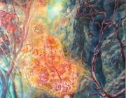 Julie Heffernan painting of a woman in a forest with her hair aflame