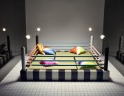 a bed or sitting area designed to resemble a boxing ring. With pillows in four corners and the ropes, lights and elevated platform of a ring.  