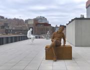 Installation view of Whitney Biennial 2022: Quiet as It’s Kept (Whitney Museum of American Art, New York, April 6-September 5, 2022). From left to right: Charles Ray, Burger, 2021; Charles Ray, Jeff, 2021; Ninety-Nine Bottles of Beer on the Wall, 2021.
