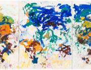 Abstract Tryptic featuring green, blue, yellow, orange and rust swirling brushstrokes on off-white, inconsistent canvas.     