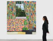 Jonas Wood, Patterned Interior with Mar Vista View, 2020. Oil and acrylic on canvas. 100 x 87 inches (254 x 221 cm).