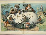 - Summary: Illustration shows the rulers of "Russia," "Germany," "Italy," "Austria," "France," and "England," as chickens trying to hatch a large egg labeled "China." A chicken labeled "Japan" stands in the background with Uncle Sam, also as a chicken, perched on a fence in the rear.