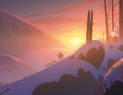 santa's sleigh in the distance rides over snowy hills at sunrise