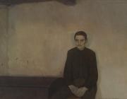 painting of a wan man in dark seated against a wall