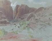 ink and watercolor sketch of a rocky landscape