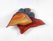 An abstract, geometric painting with a centered collection of three objects-a trapezoidal orange piece, a triangular red piece, and a collection of rounded blue-purple objects.