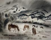 Ward Lockwood - Horses Grazing, watercolor on paper, 19 x 24 in.