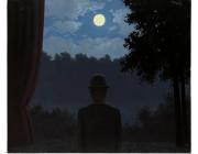 Rene Magritte painting of a man in a bowler hat silhouetted against trees at night with a full moon above