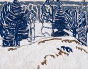 David Milne landscape painting showing white show with blue trees