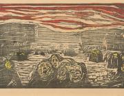 Edvard Munch print in black and red on white of a crowd of people