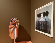 Left: Unidentified artist, Shawl, Ethiopia, 20th century, cotton, 110.49 x 195.58 cm (43.5 x 77 in.). Salem, The Peabody Essex Museum, Gift of Charles R. and Elizabeth C. Langmuir, after 1973, acc. no. E68695. Right: Aïda Muluneh, Part Three (from the 99 series), 2013. Photograph printed on Hahnemuehle Photo Rag, Bright White, 40⅜ x 39⅜ in