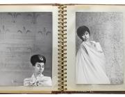 A photographic archive pertaining to the 1962 Broadway play, No Strings, a spiral notebook opened, each page has a photo of actress Diahann Carroll