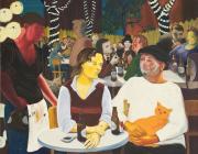 Nicole Eisenman (b. 1965, Verdun, France; lives in Brooklyn, NY), Beer Garden with Ulrike and Celeste, 2009. Oil on canvas; 65 × 82 in. (165.1 × 208.3 cm). Hall Collection. 