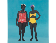 Amy Sherald painting of two black women in bathing suits standing against a blue background