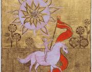 gold leaf is a back drop to a white horse and a field of flowers that resemble in style, the sun that watches over the scene