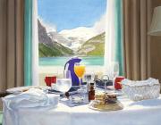 Tim Gardener painting of a room service tray of breakfast sitting in front of a window with a view of mountains and a lake