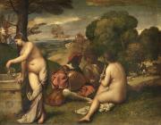 Giorgione allegorical painting of a nude female figure drawing water from a well while figures behind her play instruments in the grass
