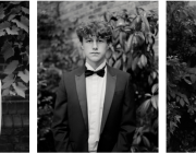 three black and white portraits of young people in formal wear
