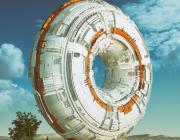 Digital artwork by Mike Winkelmann showing a giant white and orange torus with greebles in a barren landscape that also features a tree and a man approaching the torus. One of the images used in Everydays: The First 5000 Days by Mike Winkelmann (known professionally as Beeple). License