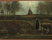 van gogh landscape of a lone figure with church ruins in the background