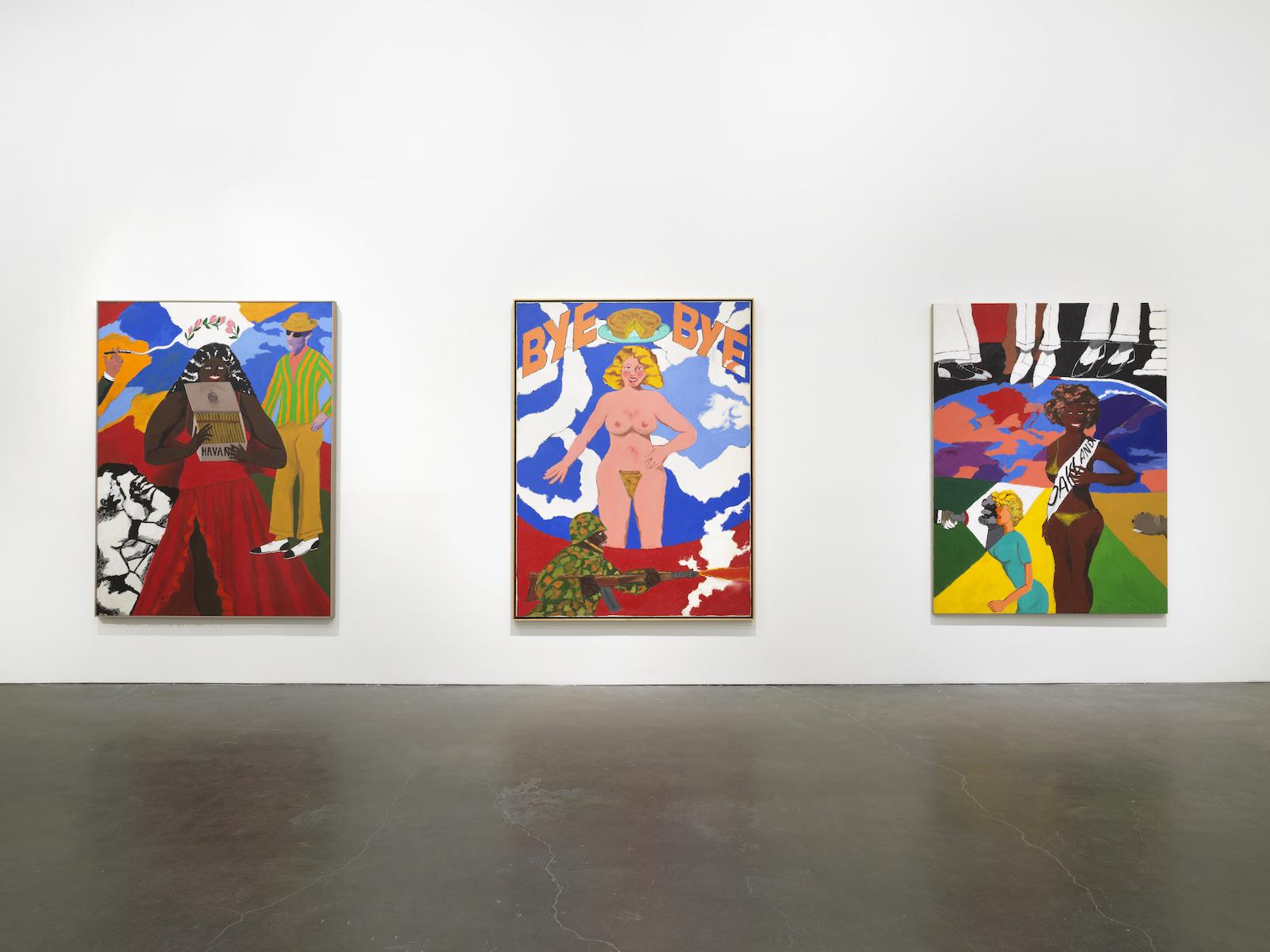 "Art and Race Matters: The Career of Robert Colescott," 2022. New Museum, New York. (L-R) See Colescott's Havana Corona (1970); Bye, Bye, Miss American Pie (1971); and Miss Black Oakland (1967).