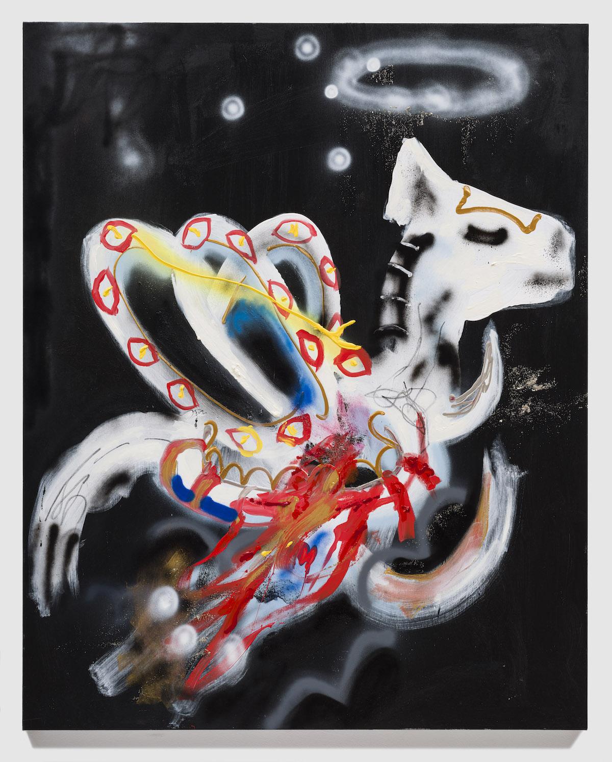 Robert Nava, Chariot Armor, 2023. Acrylic, mica, and oil on canvas 60" × 48" (152.4 cm × 121.9 cm) Photo: Kris Graves. © Robert Nava. Courtesy Pace Gallery