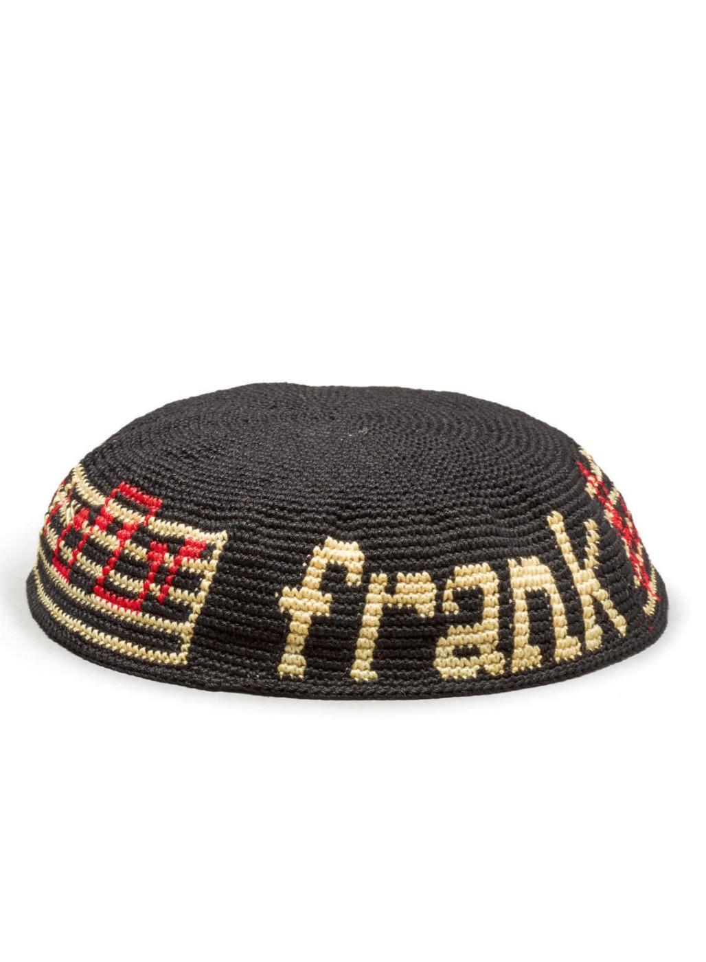 Hand-Crocheted Yarmulke, with Musical Note and "Frank" Border.