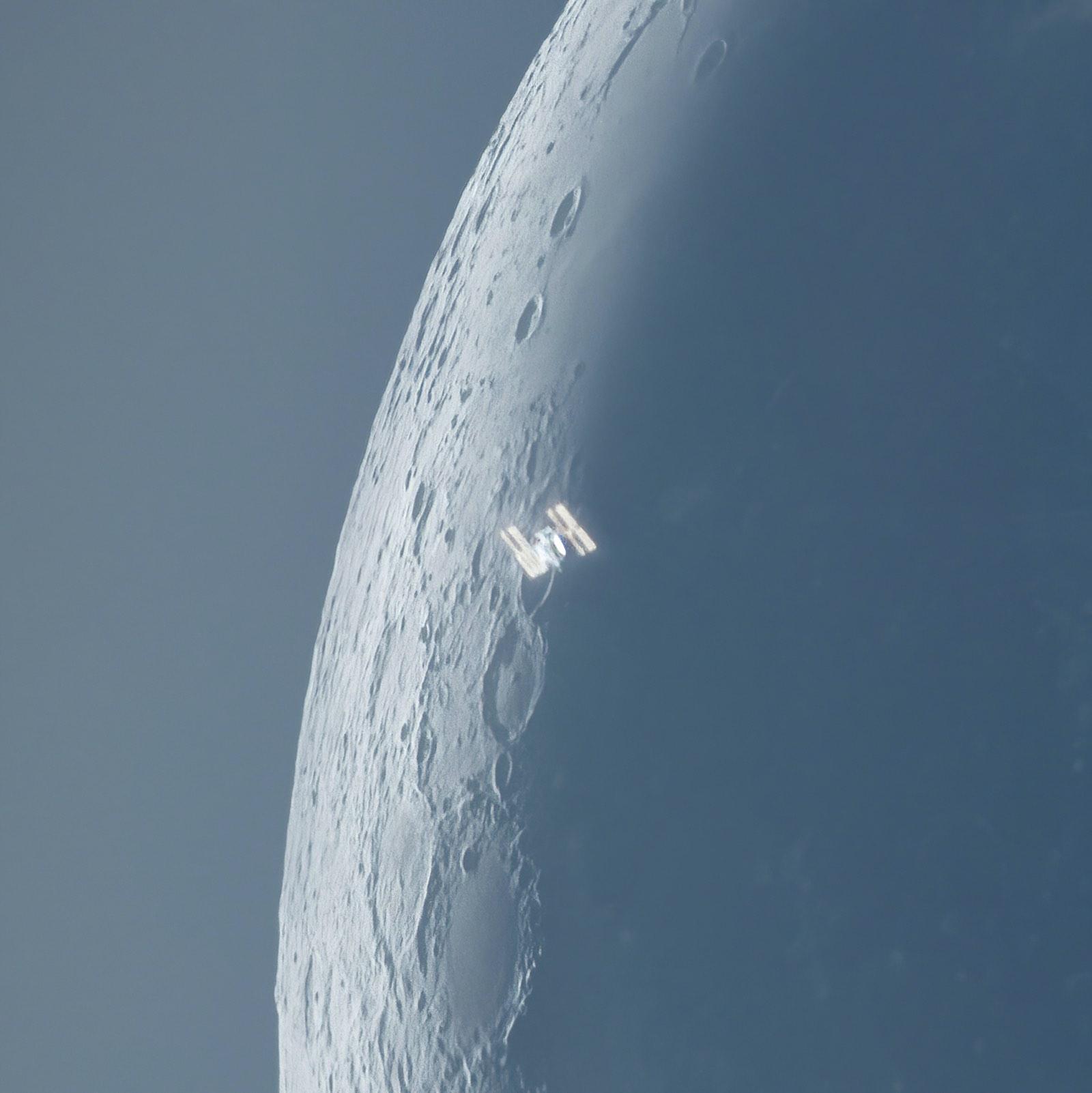 This atmospheric image shows the International Space Station (ISS) transiting a very slim waning crescent moon during broad daylight. The photographer used two cameras and two telescopes to capture a luminance frame including the ISS, and the scene in colour. The ISS transit was shot using RAW video with a monochrome camera, while a one-shot colour camera was simultaneously capturing shots to get the proper colours. Then the two images were blended together to complete the scene.